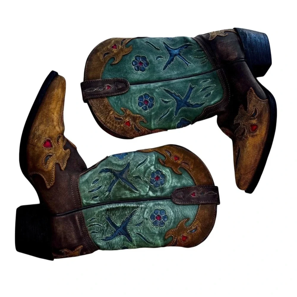Dan Post Youth 3.5 M Cowboy Boots DPC-3151 Embroidered‎ Leather Teal Brown